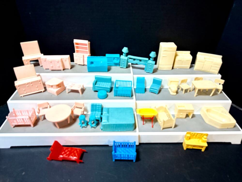 vintage 1960’s Superior plastic dollhouse 37 piece furniture set pink blue white